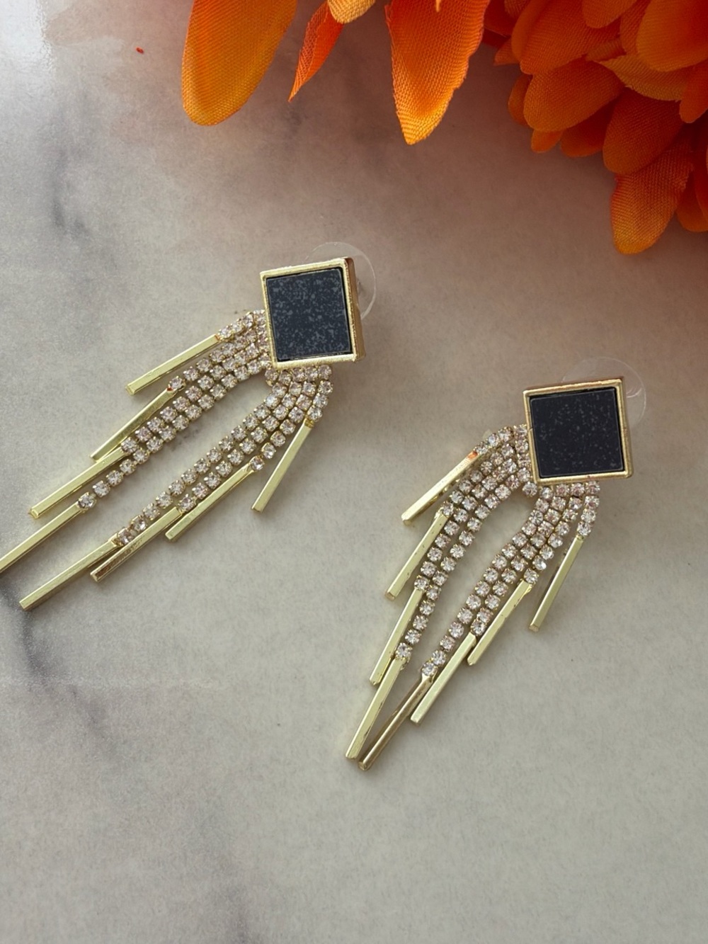 Forever 21 Gold-Tone Fringe Earrings with Black Square Accents